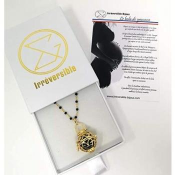 Collier Maternité LIA avec Balle Sonore en Verre Noir, Chaine Plaquée Or et Chaine en Cristal Noir