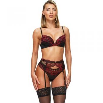 Lace-Trimmed Plunge Bra – Black & Red