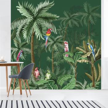 Intissé décor mural, forêt tropicale avec perroquets, 250 cm x 250 cm
