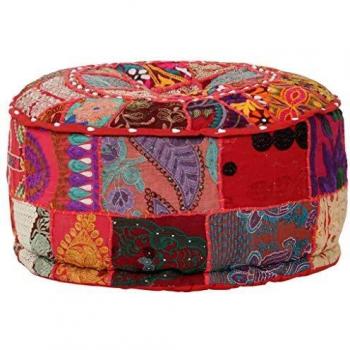 Red Round Handmade Cotton Pouffe 40x20 cm