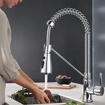 Solid brass monoblock kitchen faucet with 360° swivel spout and pull-down sprayer
