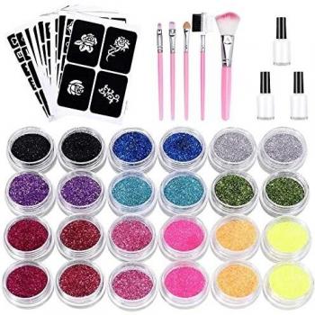 Temporäre Glitzertattoos Kastiny – 24 Tintenflaschen & 143 Schablonen für Kinder und Erwachsene