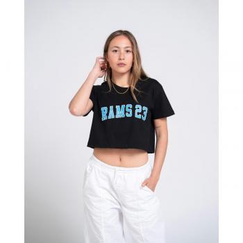 Camiseta negra con diseño University azul para mujer