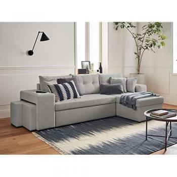 BESTMOBILIER California 4‑Sitzer Ecksofa – Schlaffunktion, mit Stauraum, Tisch & Hockern, Cordhellgrau