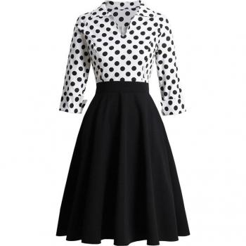 Black and White Polka Dot Winter Midi Dress for Office Wear