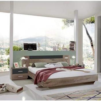 Ensemble Lit adulte avec LED et 2 chevets en Imitation chêne chataigne rechampis graphite