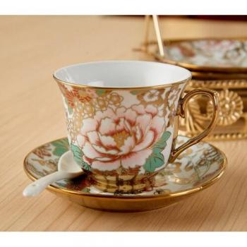Floral Design Bone China Tea Cups with Holder