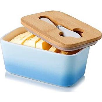 Sky Blue Butter Dish with Knife & Wooden Lid