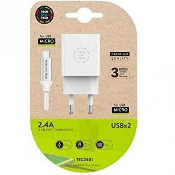 Doppel-USB-Ladegerät – Tech One Tech – Modell TEC2401 – Micro‑USB-Kabel – Kompatibel mit Android – Weiße Farbe