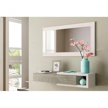 Meuble suspendu d'entrée Keila, 95x26x19 cm, tiroir et miroir, finition blanc mat chêne
