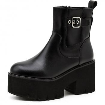 Zapatos de tacón Gdgydh para mujer, plataforma, estilo punk, punta redonda, con hebilla, color sólido