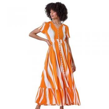 Roman Women's Size 12 Orange Maxi Dress with Textured Frill Hem