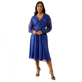 Petite Women's Blue Leopard Ruffle Wrap Midi Dress with Flared Sleeves