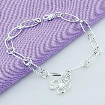 Simple Sterling Silver Four-Leaf Clover Charm Bracelet for Women