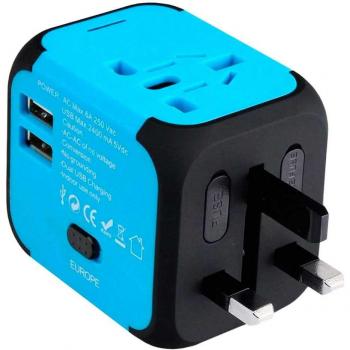 Reiseadapter mit 2 USB-Ladeports, Blau