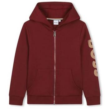 Sudadera con capucha de niño Boss J51127 roja con cremallera y logo en la manga
