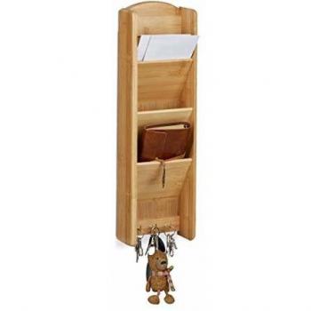 Organizer da Parete in Bambù, Mensola Portachiavi con 3 Ganci e Scomparti, Dimensioni: 7,5 x 15 x 49,5 cm, Colore Naturale