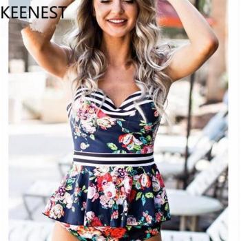 KEENEST Women's Filwer Blue Two-Piece Swimsuit