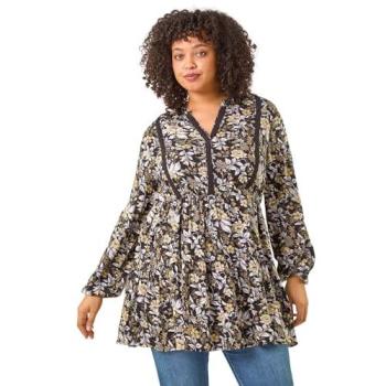 Curved Floral Woven Tunic Top, Black – Roman, Size 26-28 (Female)