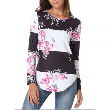 T-shirt blouse femme manches longues imprimé floral casual (S, blanc)