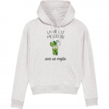 Sweat a capuche LA VIE EST MEILLEURE AVEC UN MOJITO XS blanc cassé