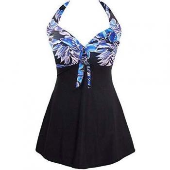 AMAGGIGO Damen Badeanzug „Blaues Blumenmuster“ – Rock & Pointed Top, Gr. 38‑40