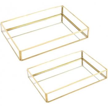 2Pcs Retro Gold Glass Makeup and Storage Tray