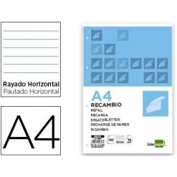 Recambio Liderpapel DIN A4 4 taladros 80gr rayado horizontal