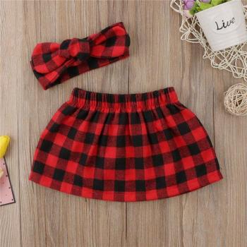 Vêtements de Noël pour filles, jupe à carreaux et bandeau, 2 pièces
