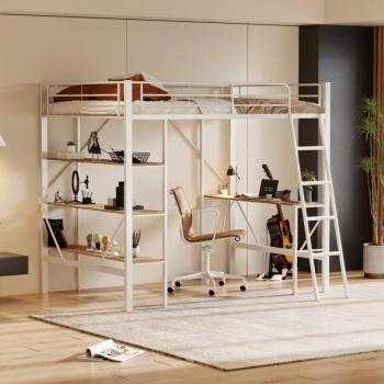 Lit Mezzanine 90x200 cm avec Bureau et 3 Étagères en Fer