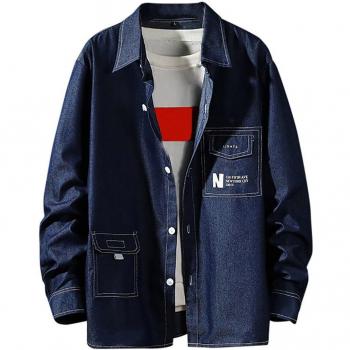 Camisa Casual de Manga Larga para Hombre con Detalles de Denim W808