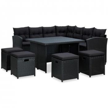Conjunto de jardín 6 piezas con cojines de polyrattan negro