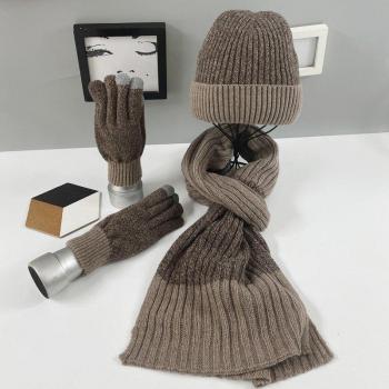 Unisex Autumn Winter Wool Knit Set with Beanie, Scarf, and Full Finger Gloves