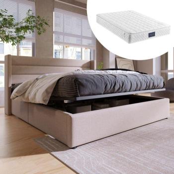 Letto Matrimoniale 160x200 cm con Contenitore Idraulico, Materasso, Rete Legno e Metallo – Lino Beige