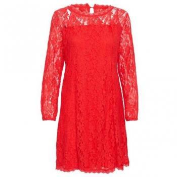 Women's Lace Puff Sleeve Short Dress in Red/Cream