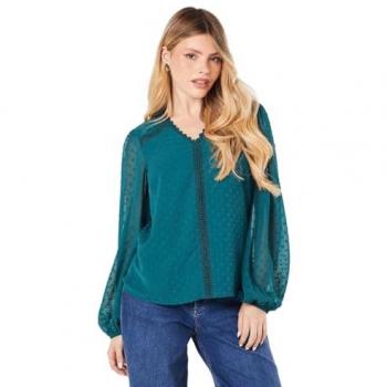 Forest Green Lace Trim Dobby Blouse for Women