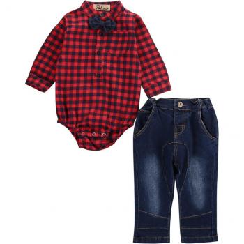 Klassischer Baby-Herrenlook Herbst: 2‑teiliger Anzug, Fliege, Plaid-Strampler & Jeanshosen