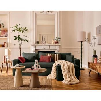 Canapé en velours vert Calgary 3 places + pouf, déhoussable et modulable