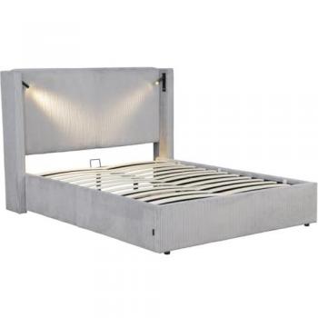 Cortina Lit Double – Velours Côtelé, Gris, 140 × 190 cm, Coffre + Lampe Intégrée