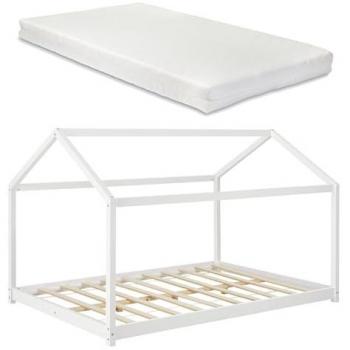 Lit enfant style cabane 120x200 cm en pin blanc avec matelas