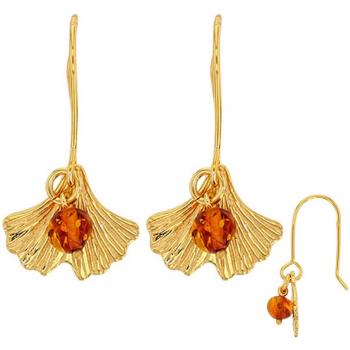 Boucles d'oreilles artisanales argent 'Ginkgo Biloba' ambre doré