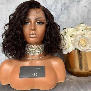 Hitzebeständige synthetische Haarspitzenperücke, kurzer Bob ohne Kleber, dunkelbraun, Wasserwelle, für Frauen mit natürlichem Haaransatz
