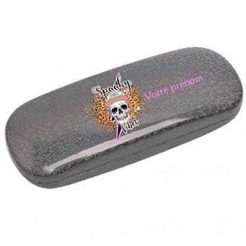 Etui à lunettes noir paillettes tête de mort façon léopard personnalisable