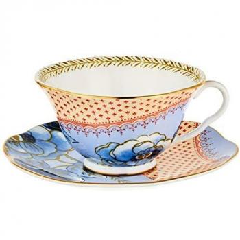 Wedgwood fine bone china teacup and saucer, Butterfly Bloom pattern, blue and assorted colors