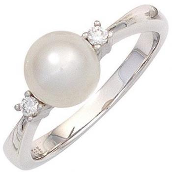 JOBO Goldring Damen 585 Weißgold 1 Süßwasserperle 2 Brillanten Größe 52