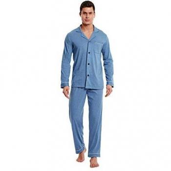 Men's 100% Cotton Sleepwear Set with Long Sleeve Top and Drawstring Pants