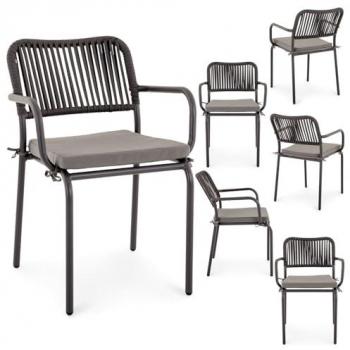 Ensemble 6 Chaises Exter. VOLONTE – Aluminium Gris, Coussin Ergonomique, Empilables