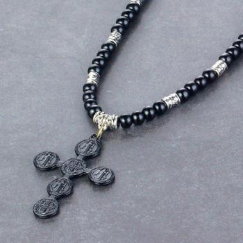 Saint Benedict Medal and Jesus Cross Pendant Necklace with Black Beads