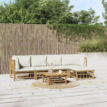 Conjunto de Lounge para Jardim 6 Peças em Bambu e Almofadas Brancas
