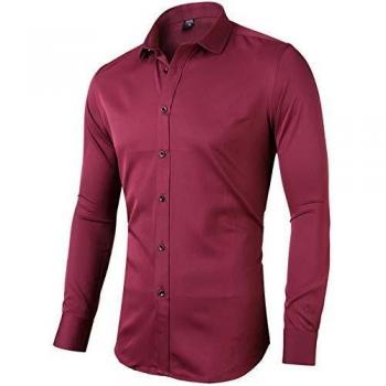 INFLATION Men's Bamboo Dress Shirt Slim Fit Long Sleeve Elastic Formal Shirt, Wine Red, Size XXS